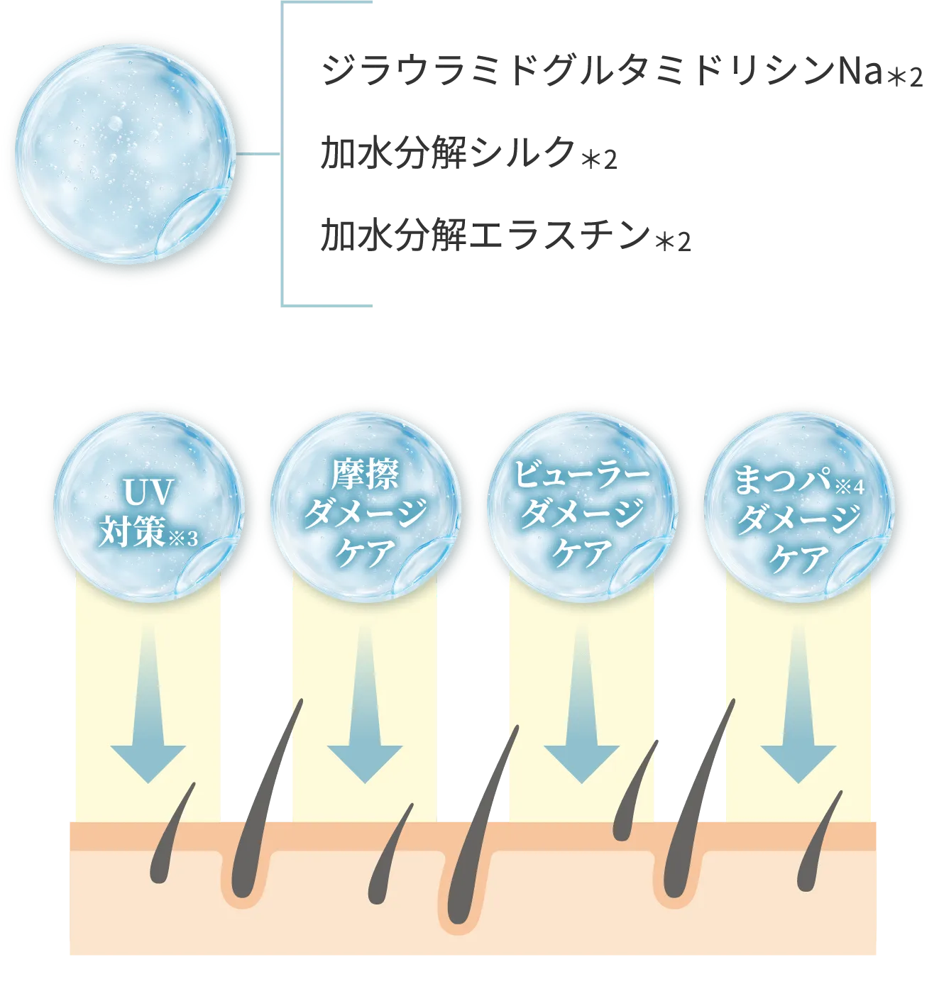 ジラウラミドグルタミドリシンNa＊2 加水分解シルク＊2 加水分解エラスチン＊2 UV対策※3 摩擦ダメージケア ビューラーダメージケア まつパ※4ダメージケア